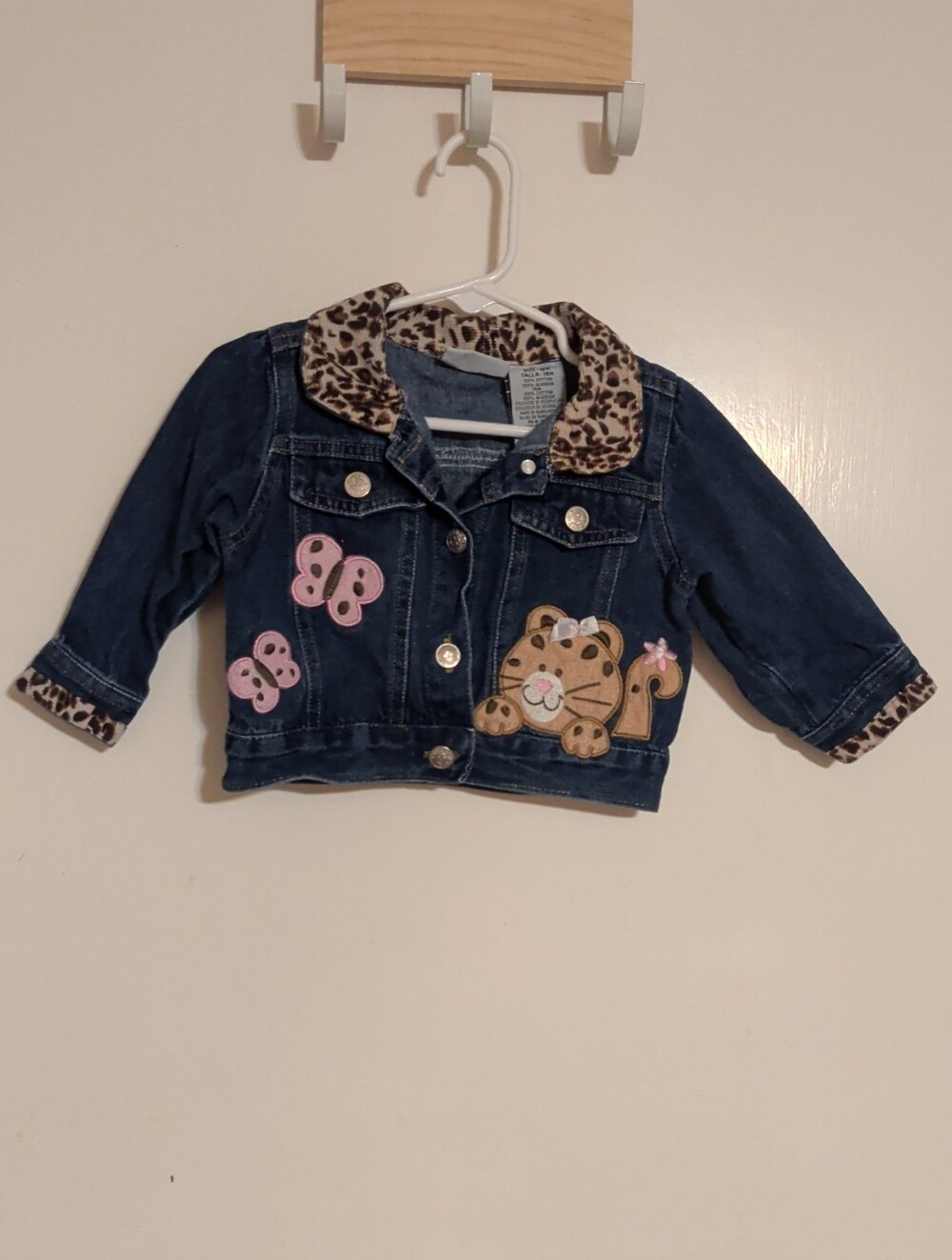 Toddler Denim Jacket with Leopard Collar and Kitty Appliqué - Dark Blue
